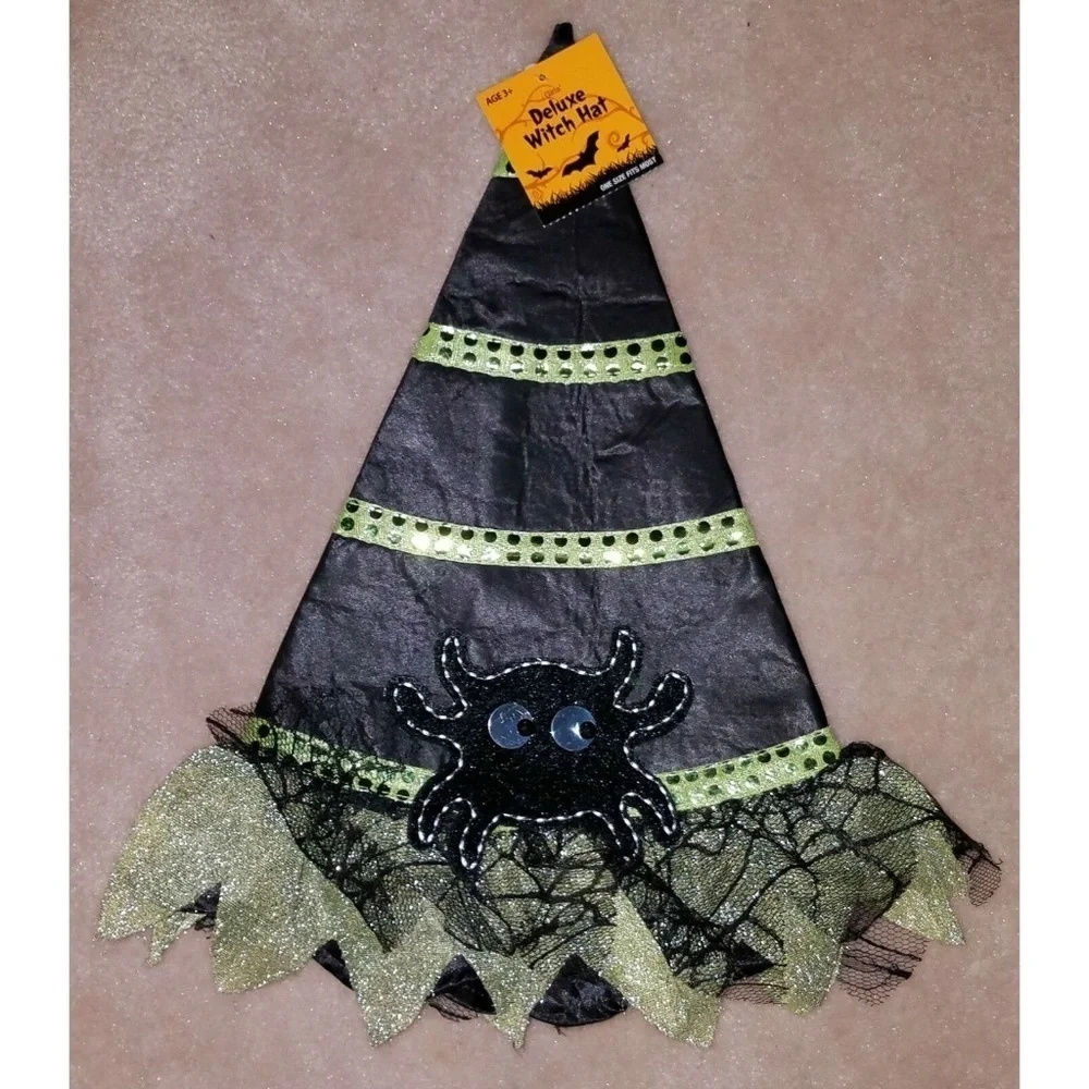 NWT Lot 3 Girls' Deluxe Witch Hat Black Spider Green Stripes Halloween Costume